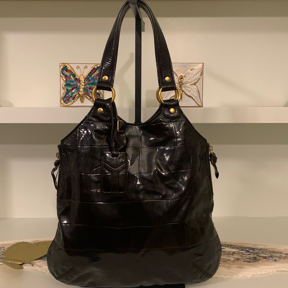 Yves Saint Laurent Glossy Black Shoulder Bag with Gold Accents
